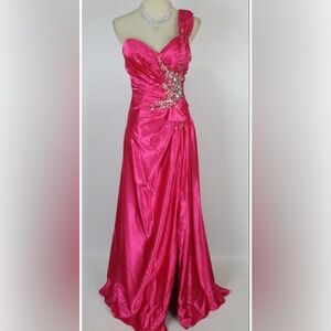 Tony Bowls One Shoulder Beaded Fuschia Gown Size 8